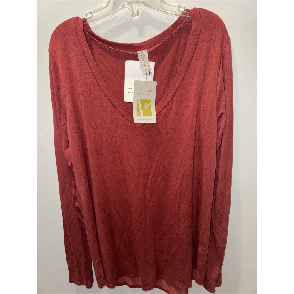 NWT Women's Mittoshop Green Label V Neck LS Top Size Med Orange Bamboo Fabric